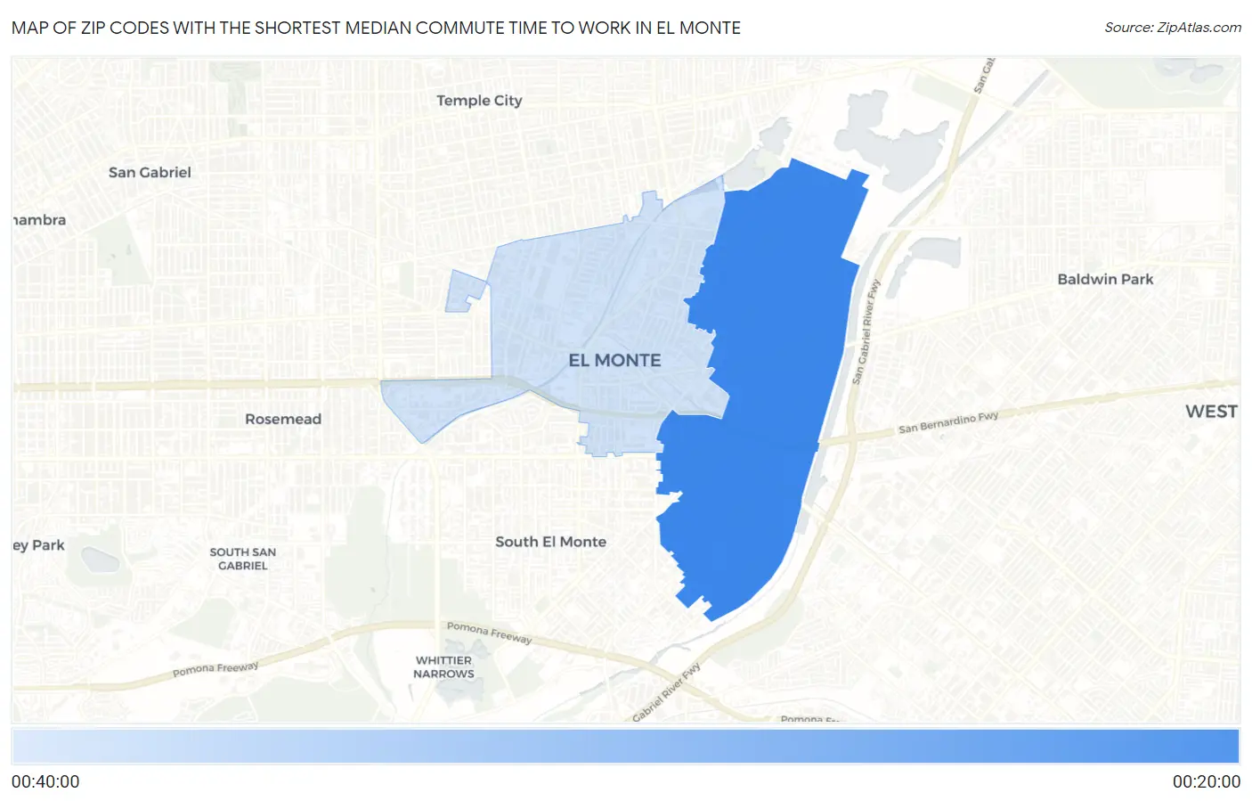 Zip Codes with the Shortest Median Commute Time to Work in El Monte Map