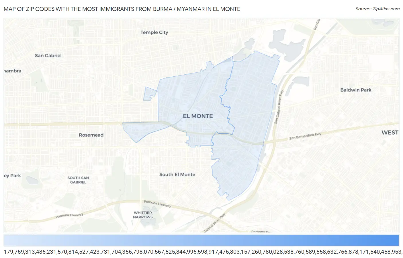 Zip Codes with the Most Immigrants from Burma / Myanmar in El Monte Map