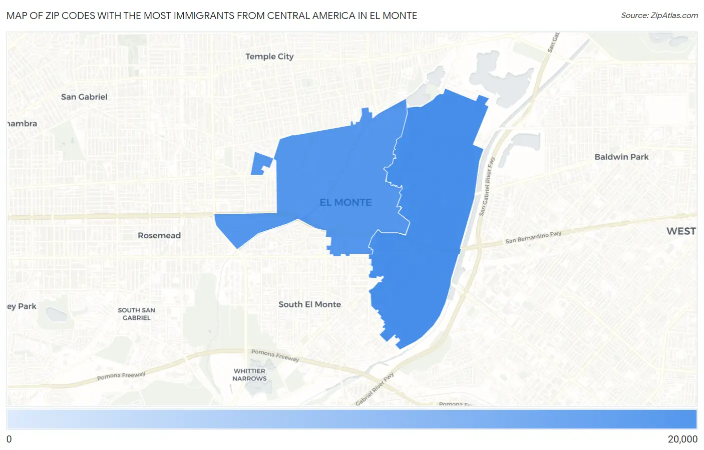 Zip Codes with the Most Immigrants from Central America in El Monte Map
