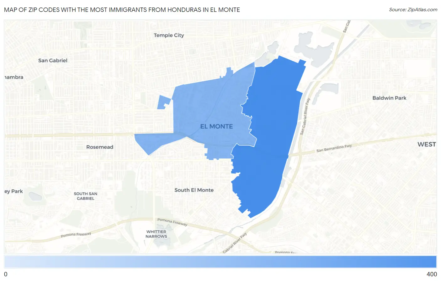Zip Codes with the Most Immigrants from Honduras in El Monte Map