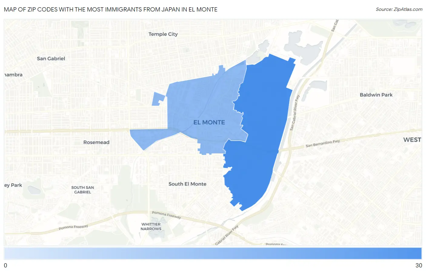 Zip Codes with the Most Immigrants from Japan in El Monte Map