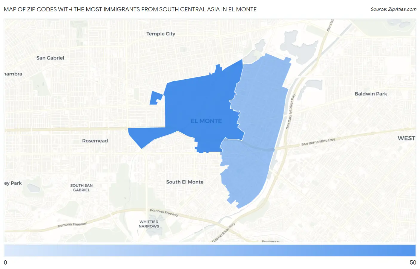 Zip Codes with the Most Immigrants from South Central Asia in El Monte Map