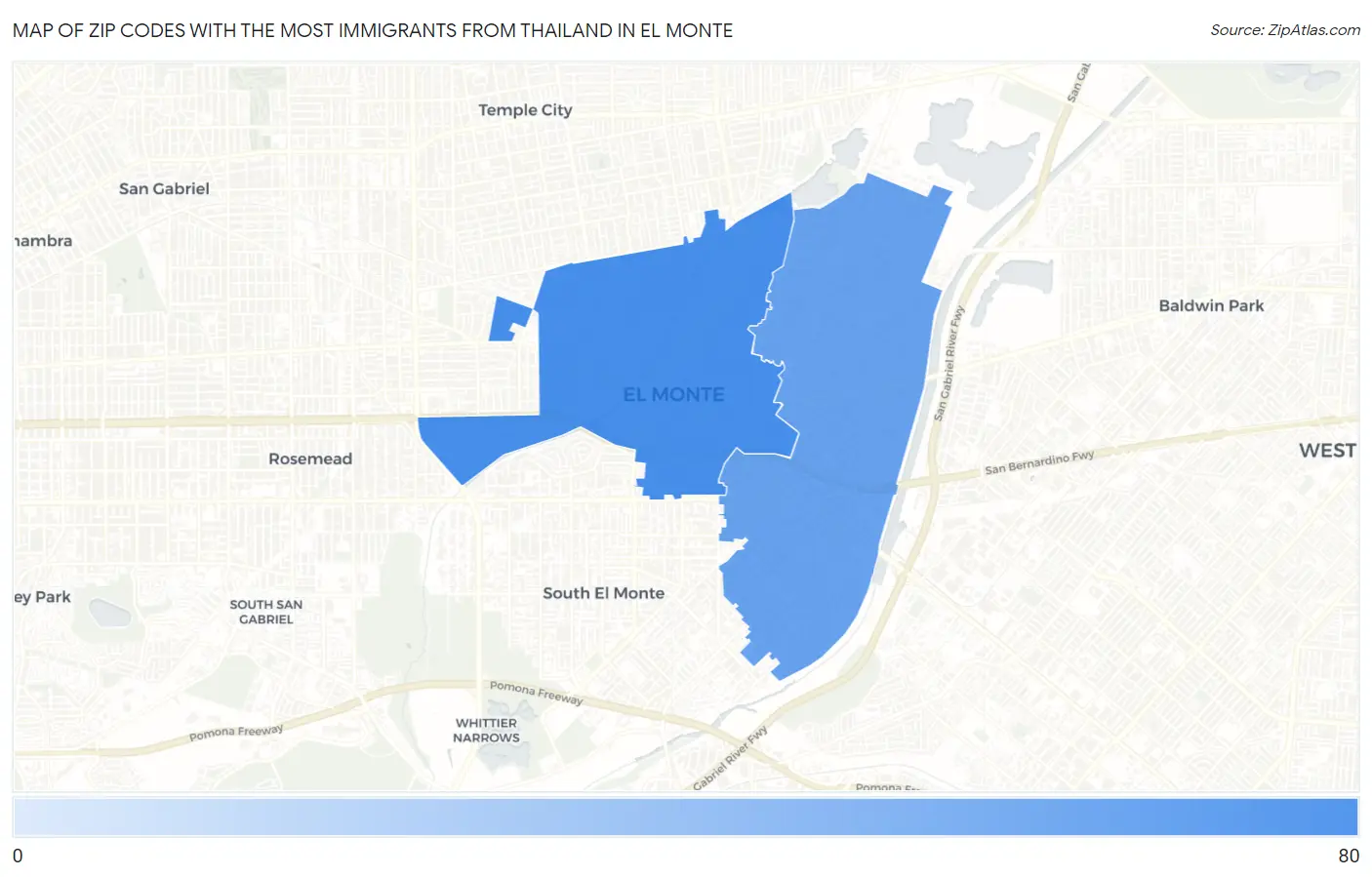 Zip Codes with the Most Immigrants from Thailand in El Monte Map