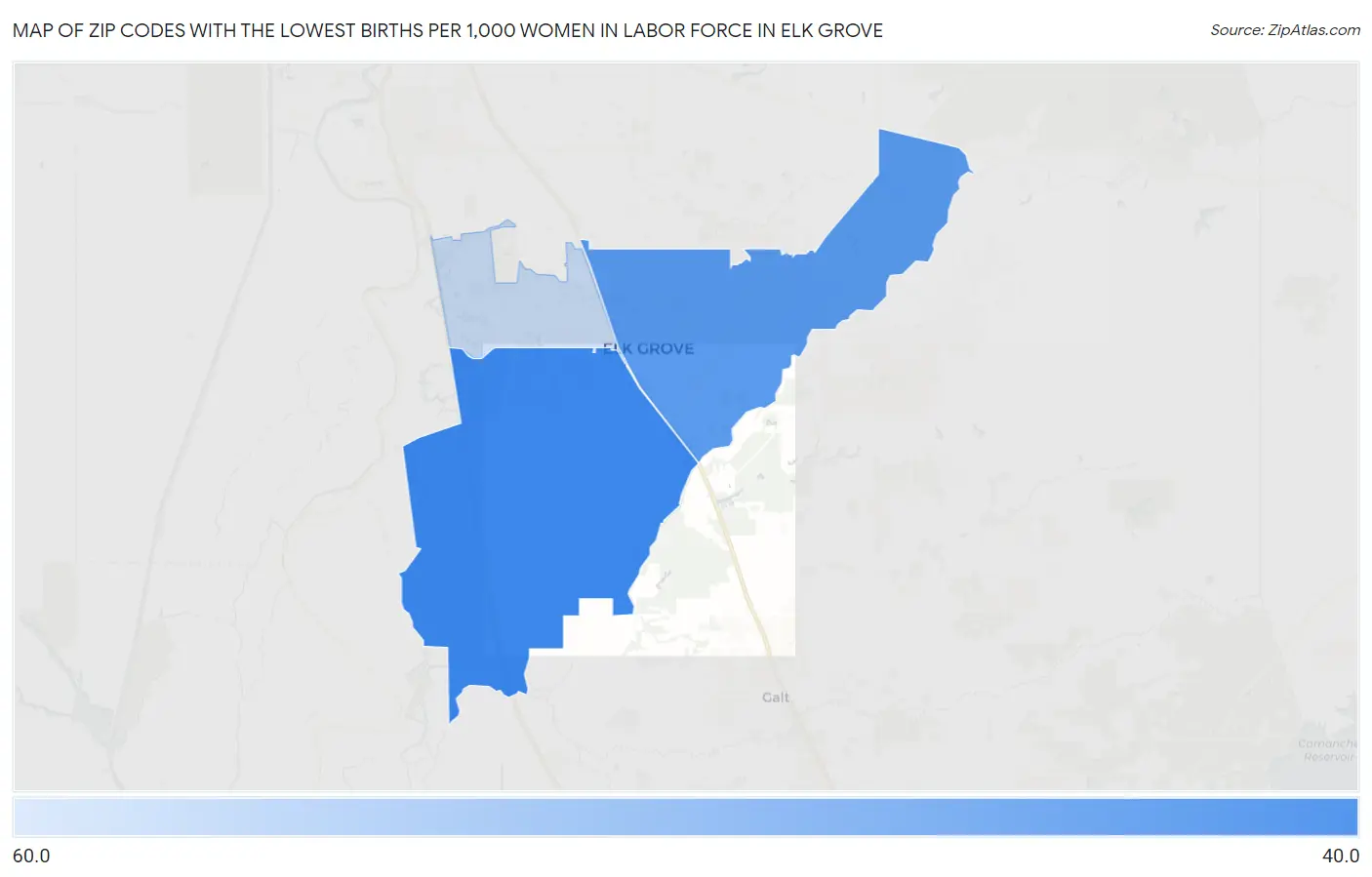 Zip Codes with the Lowest Births per 1,000 Women in Labor Force in Elk Grove Map