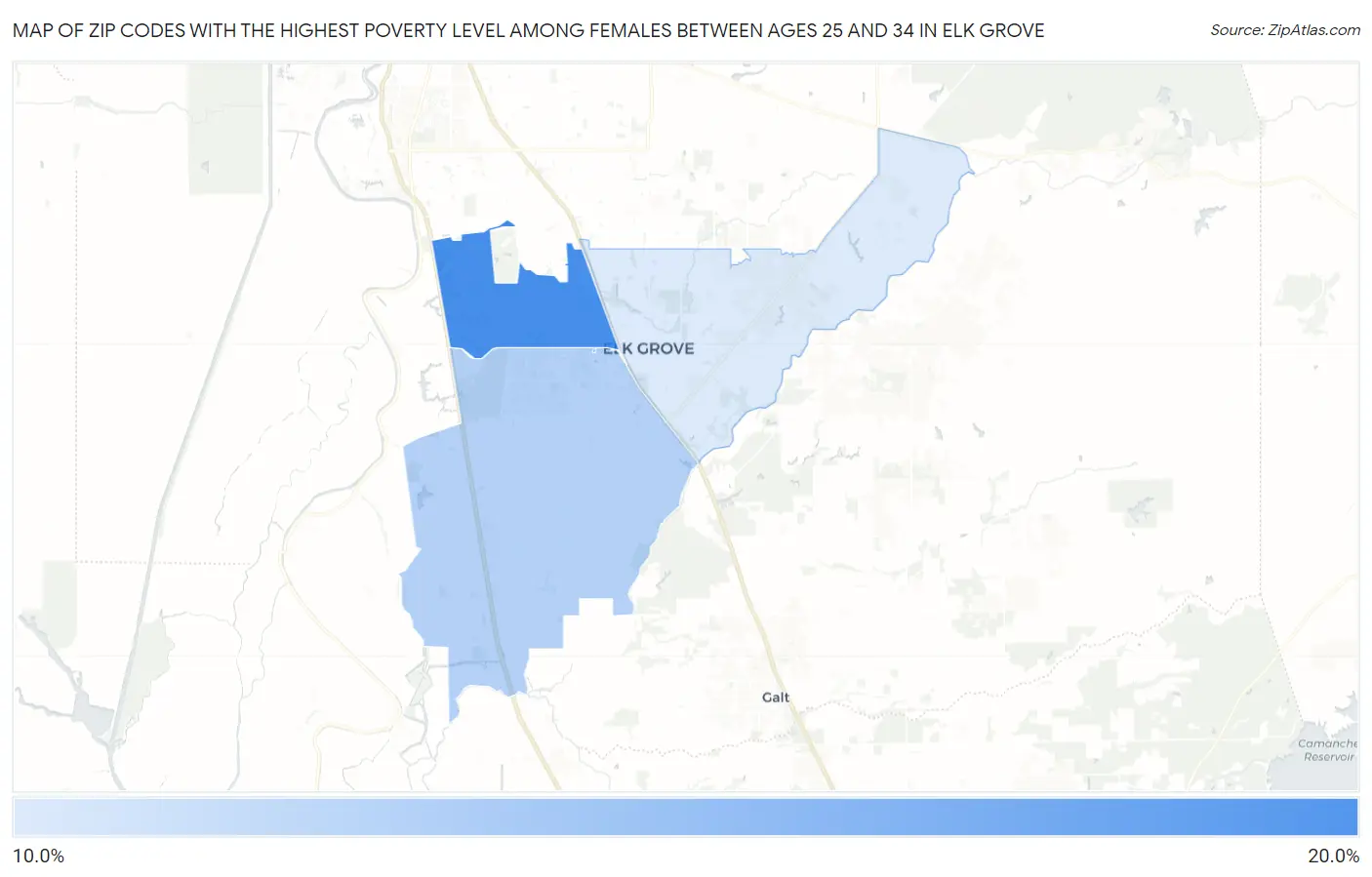 Zip Codes with the Highest Poverty Level Among Females Between Ages 25 and 34 in Elk Grove Map