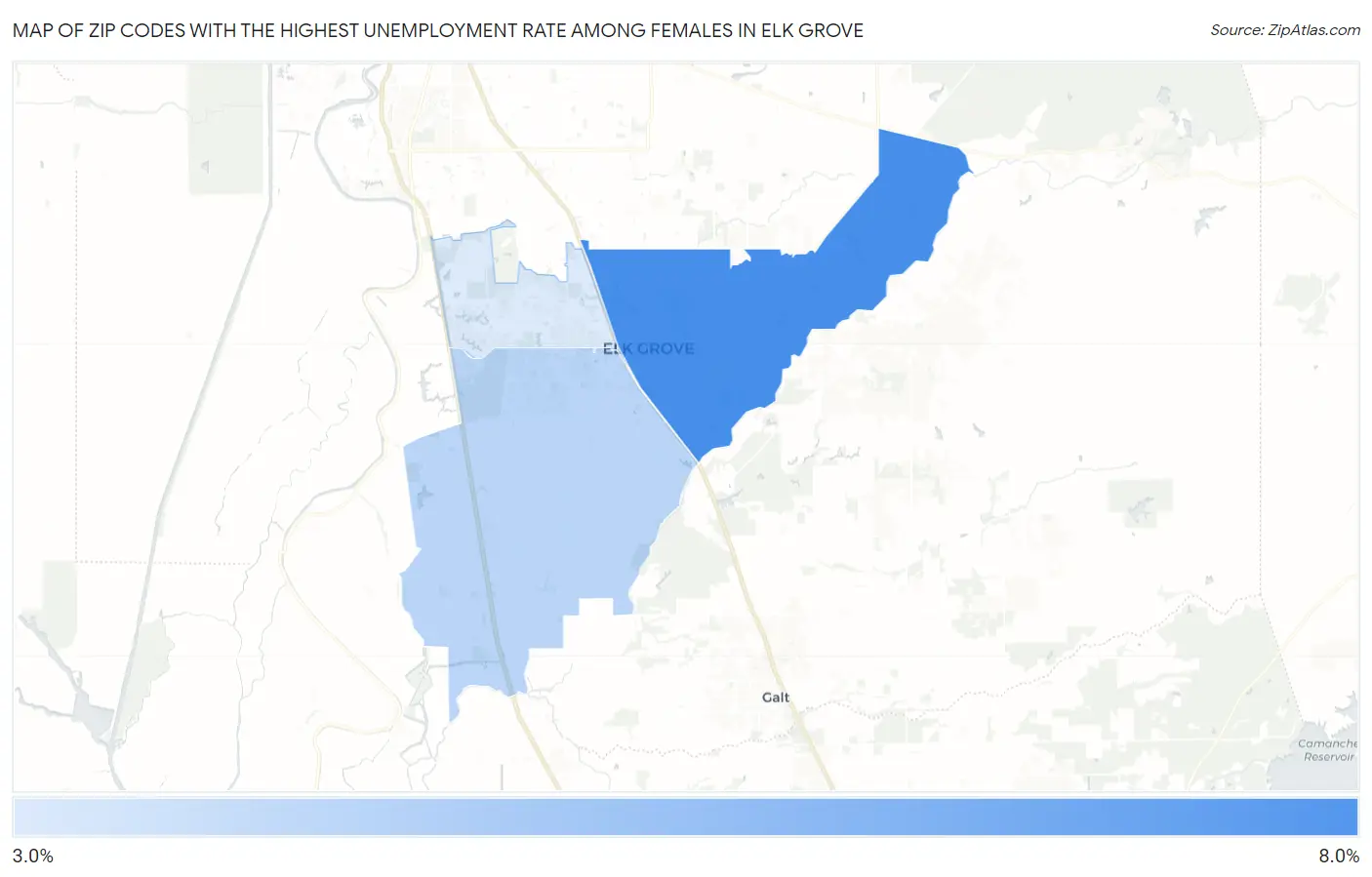 Zip Codes with the Highest Unemployment Rate Among Females in Elk Grove Map