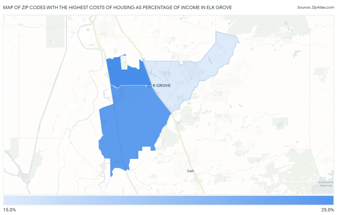 Zip Codes with the Highest Costs of Housing as Percentage of Income in Elk Grove Map