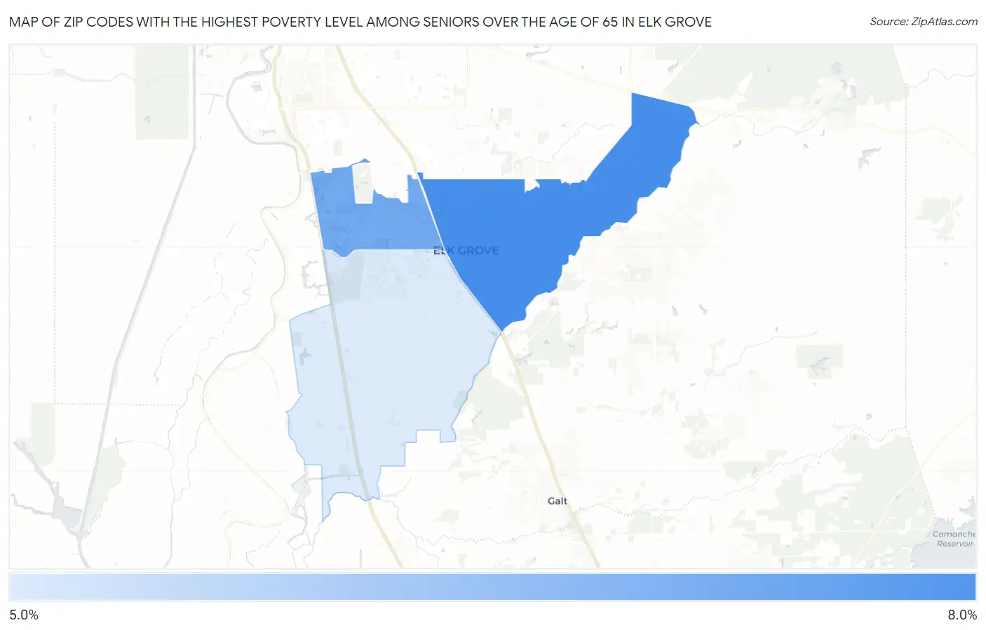 Zip Codes with the Highest Poverty Level Among Seniors Over the Age of 65 in Elk Grove Map