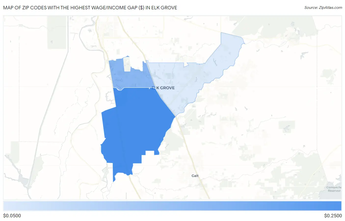 Zip Codes with the Highest Wage/Income Gap ($) in Elk Grove Map