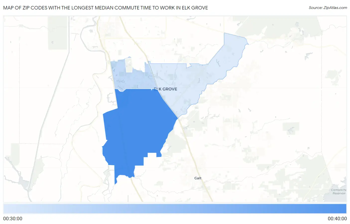 Zip Codes with the Longest Median Commute Time to Work in Elk Grove Map