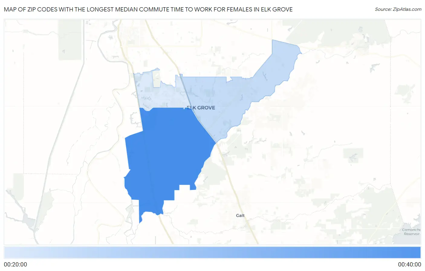 Zip Codes with the Longest Median Commute Time to Work for Females in Elk Grove Map