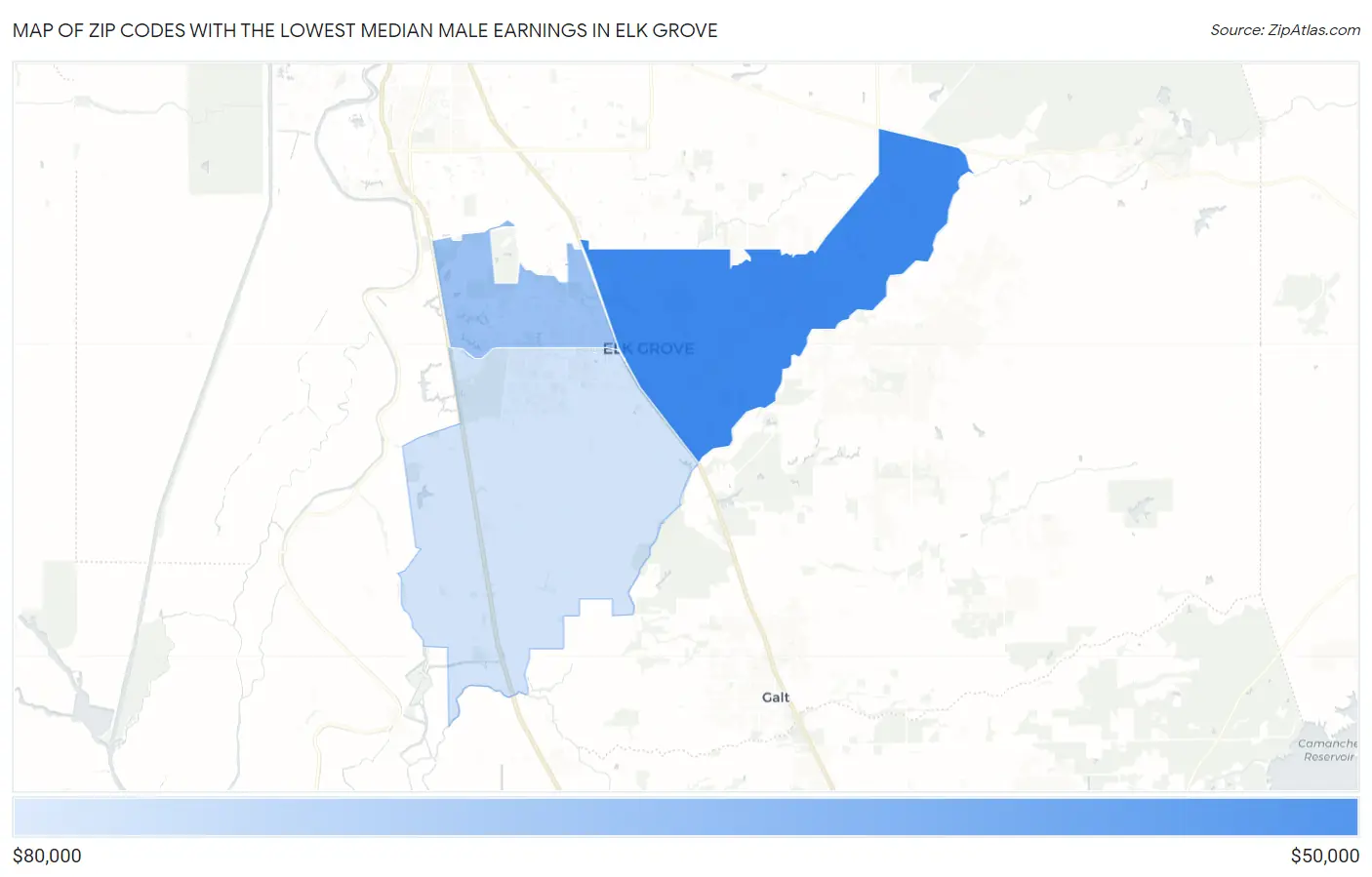 Zip Codes with the Lowest Median Male Earnings in Elk Grove Map
