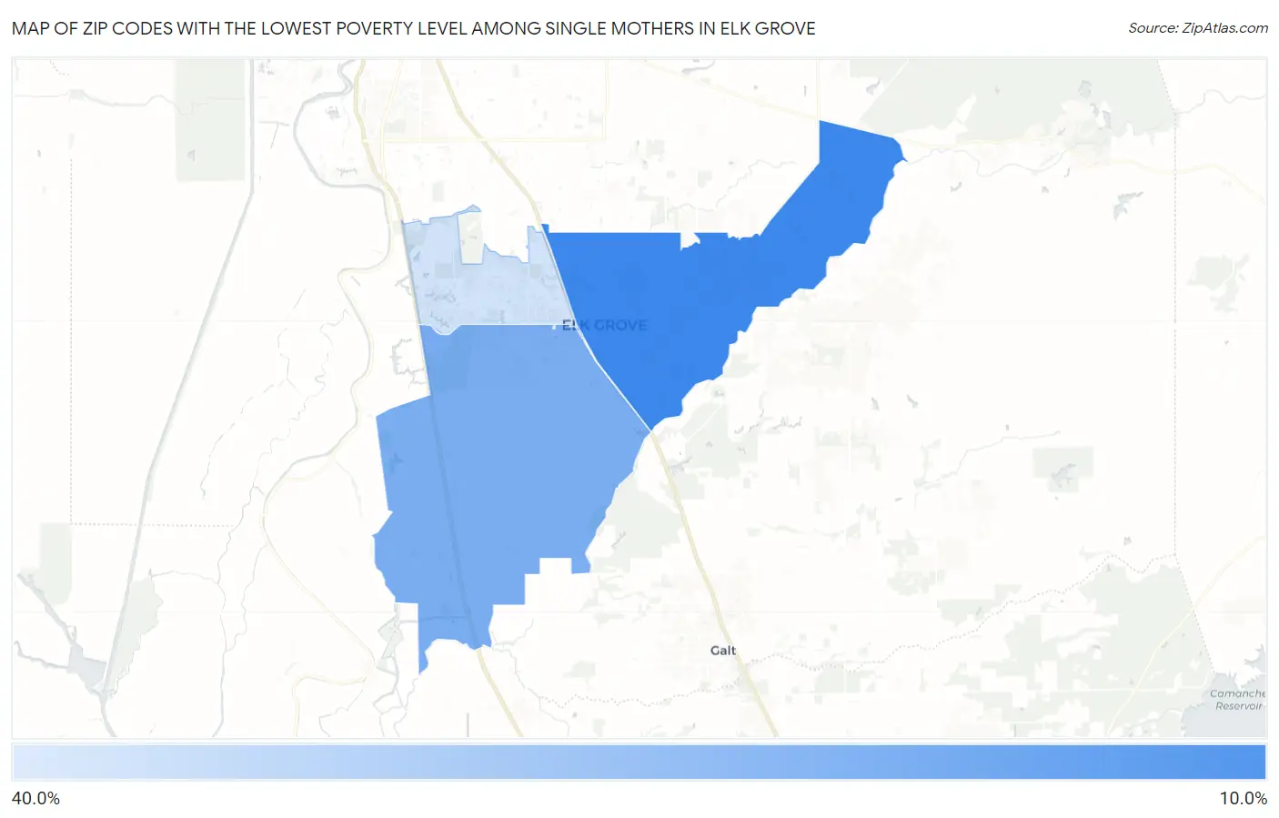 Zip Codes with the Lowest Poverty Level Among Single Mothers in Elk Grove Map