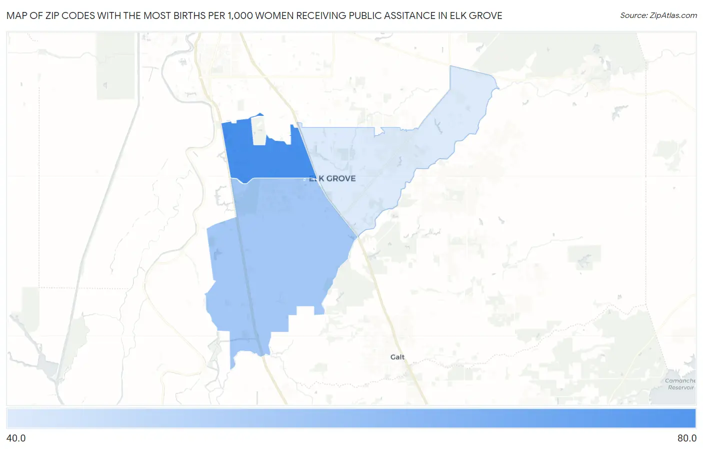 Zip Codes with the Most Births per 1,000 Women Receiving Public Assitance in Elk Grove Map