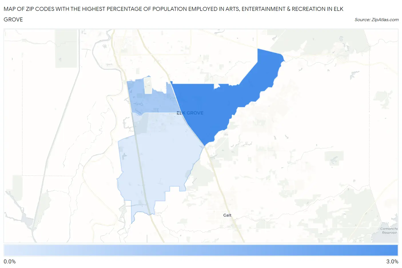 Zip Codes with the Highest Percentage of Population Employed in Arts, Entertainment & Recreation in Elk Grove Map