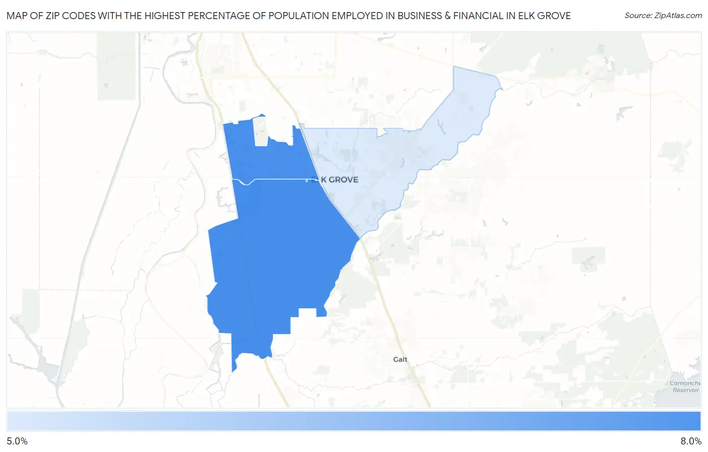 Zip Codes with the Highest Percentage of Population Employed in Business & Financial in Elk Grove Map