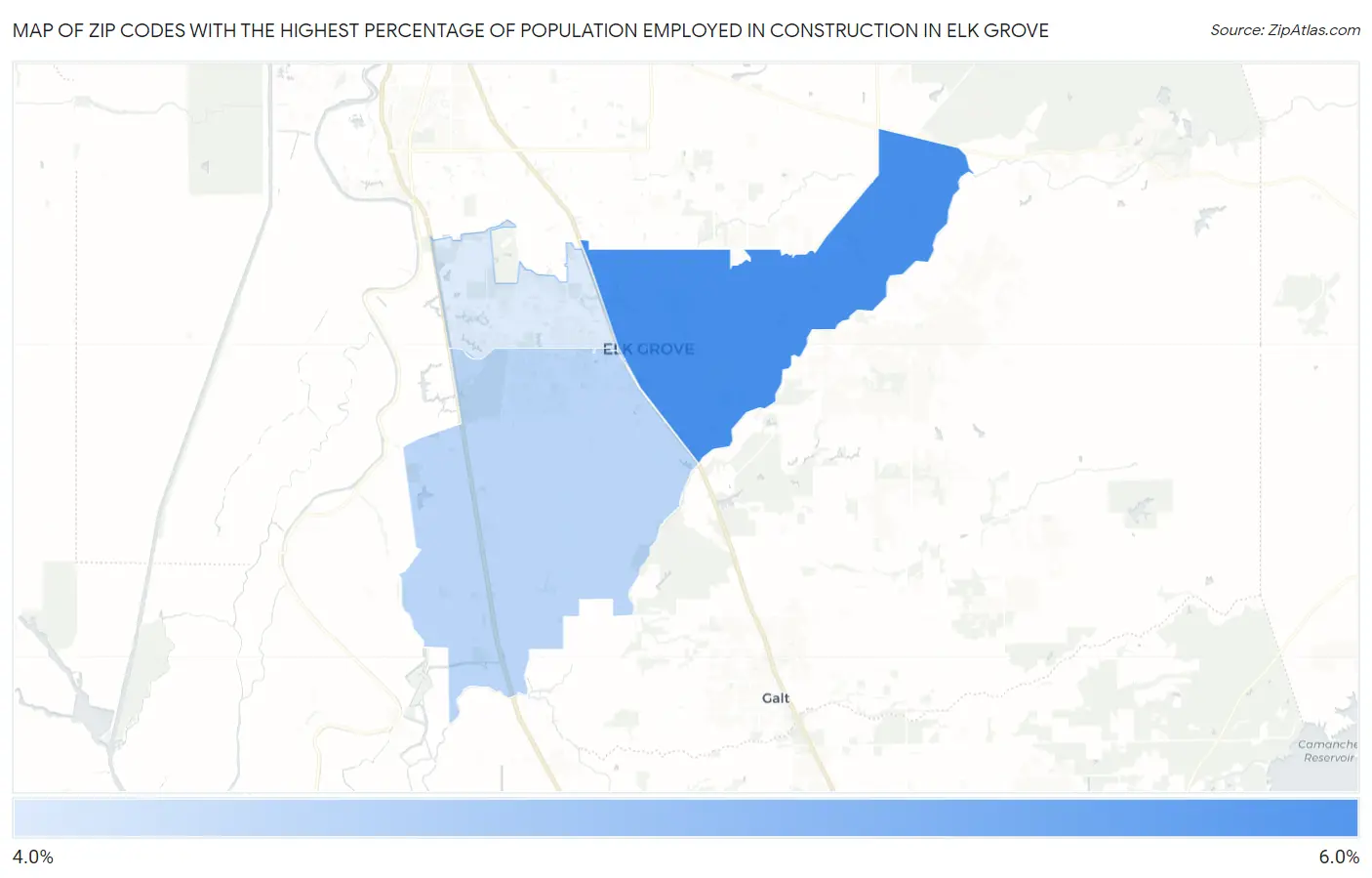 Zip Codes with the Highest Percentage of Population Employed in Construction in Elk Grove Map
