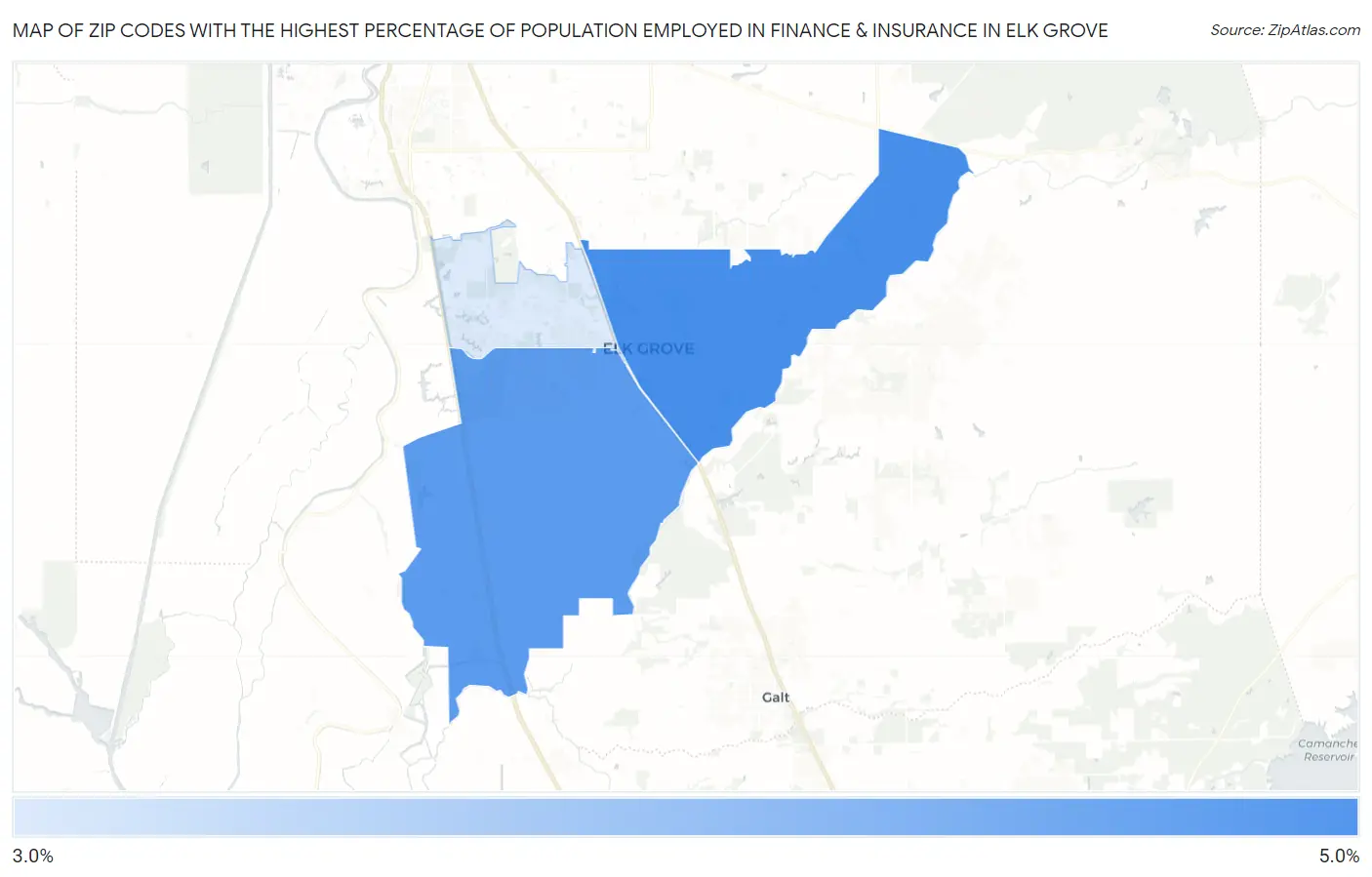 Zip Codes with the Highest Percentage of Population Employed in Finance & Insurance in Elk Grove Map