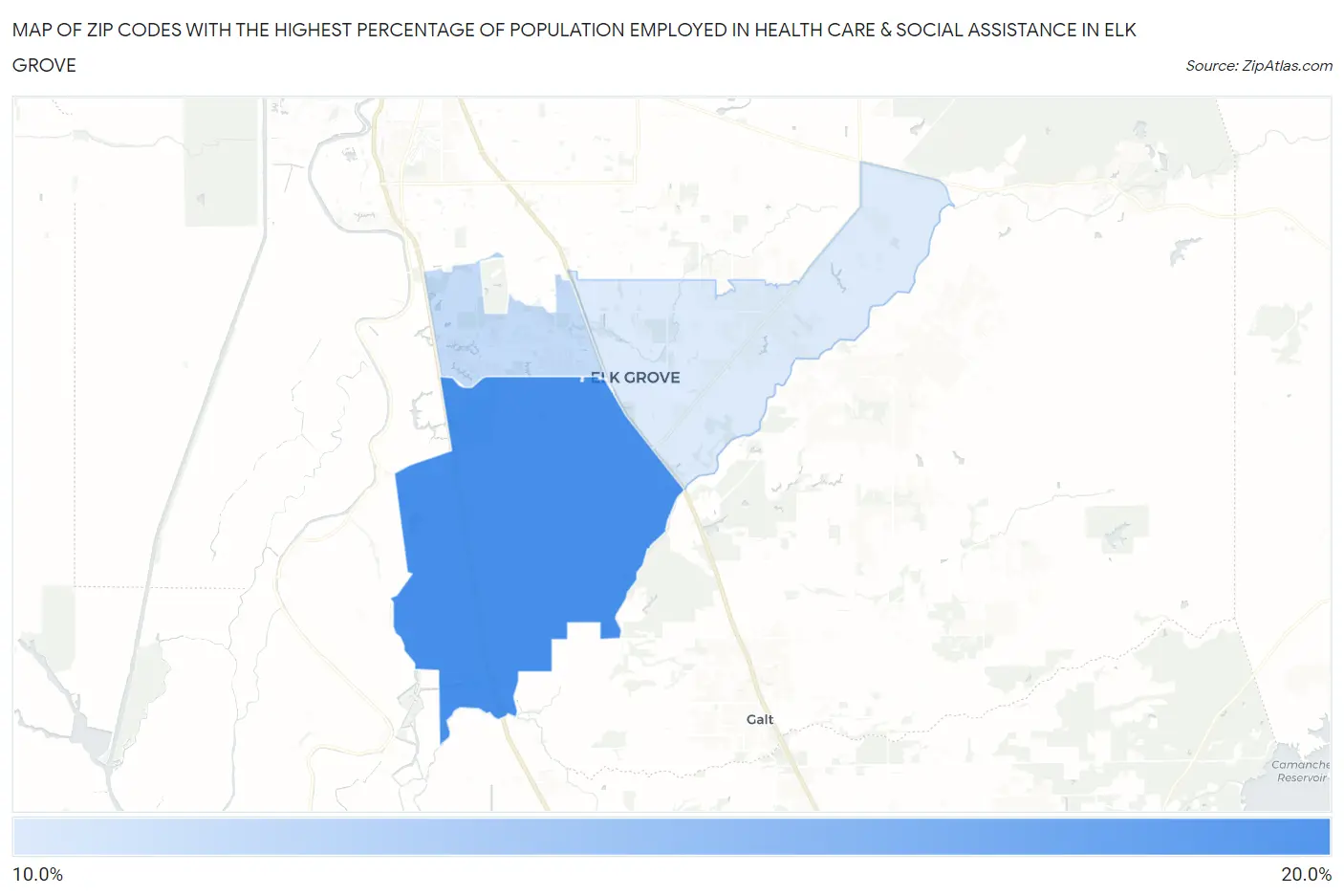 Zip Codes with the Highest Percentage of Population Employed in Health Care & Social Assistance in Elk Grove Map