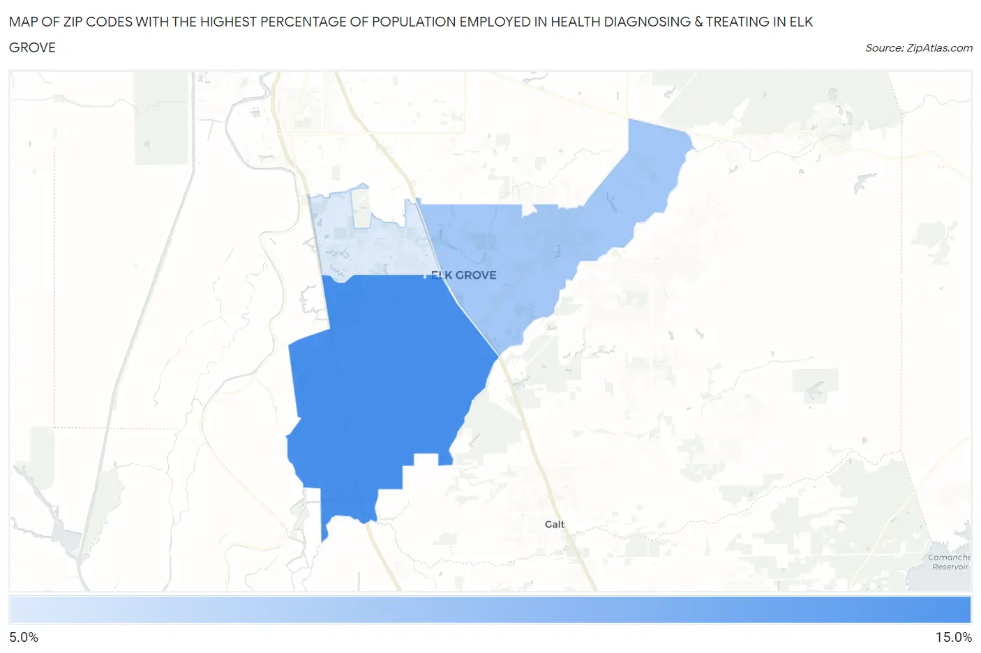 Zip Codes with the Highest Percentage of Population Employed in Health Diagnosing & Treating in Elk Grove Map