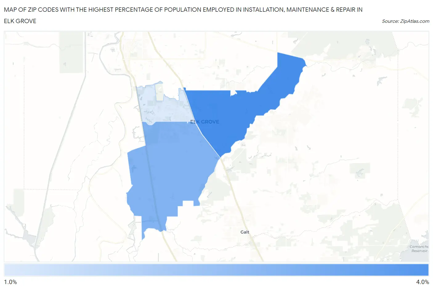 Zip Codes with the Highest Percentage of Population Employed in Installation, Maintenance & Repair in Elk Grove Map