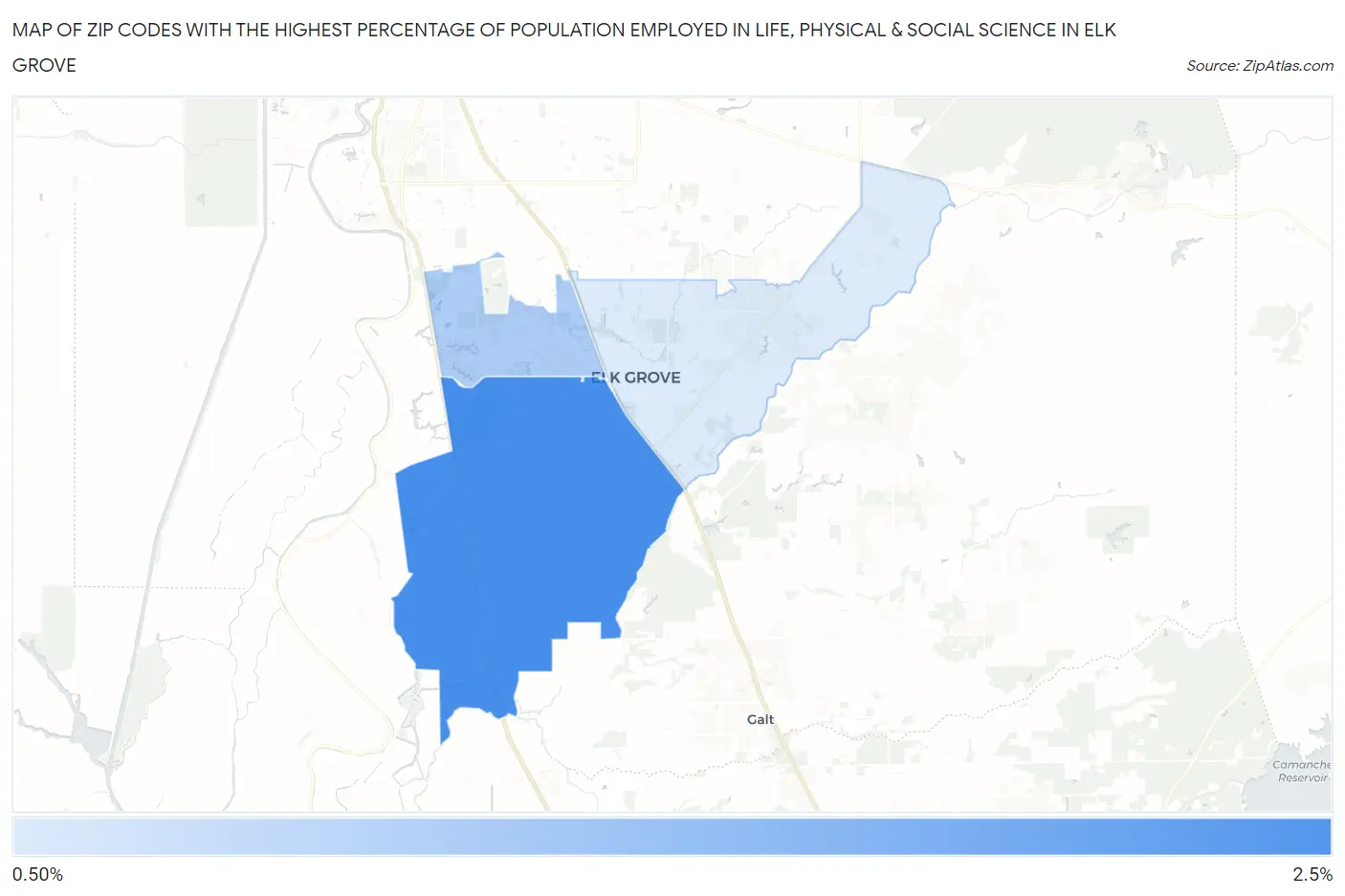 Zip Codes with the Highest Percentage of Population Employed in Life, Physical & Social Science in Elk Grove Map