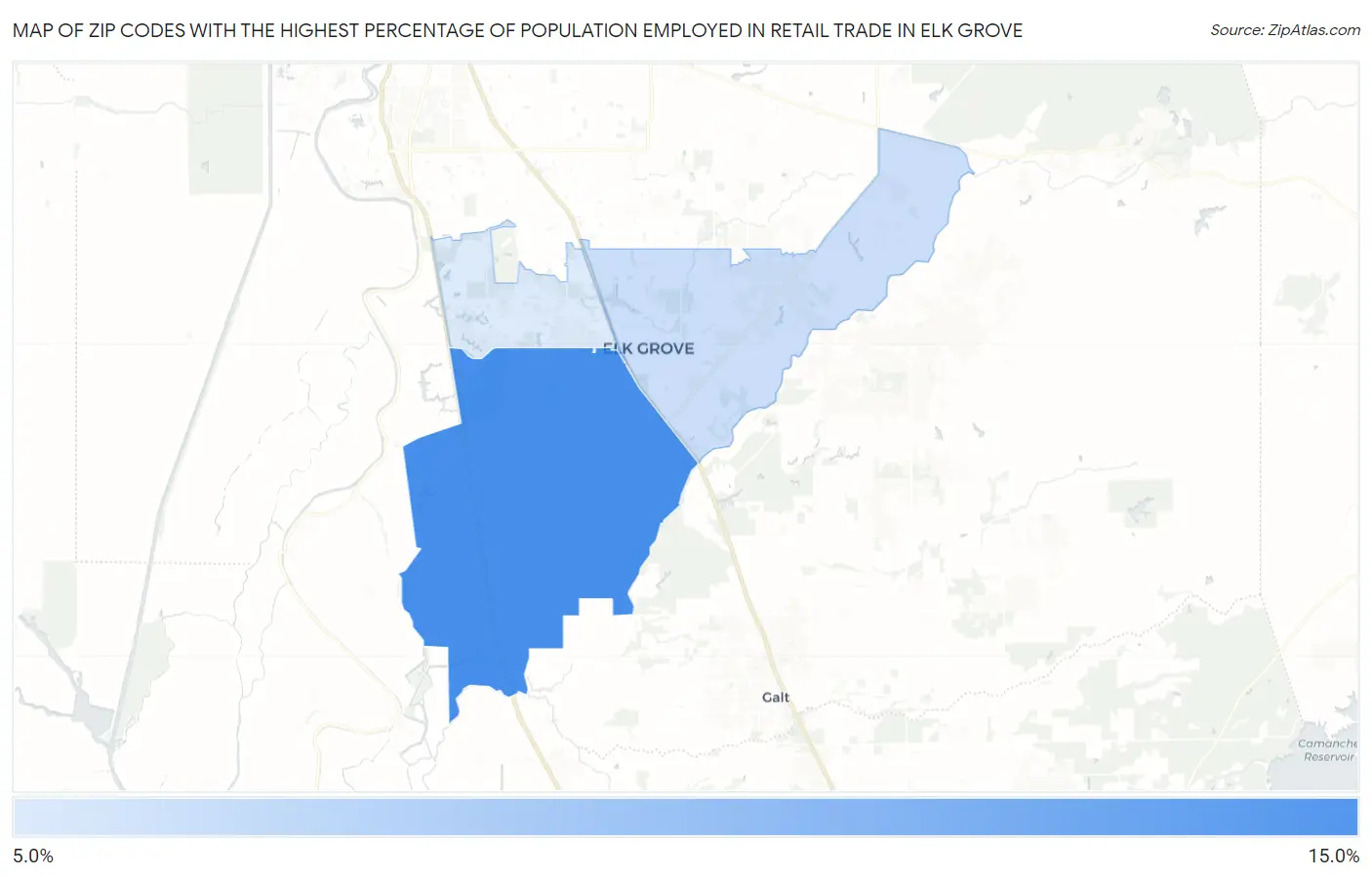 Zip Codes with the Highest Percentage of Population Employed in Retail Trade in Elk Grove Map
