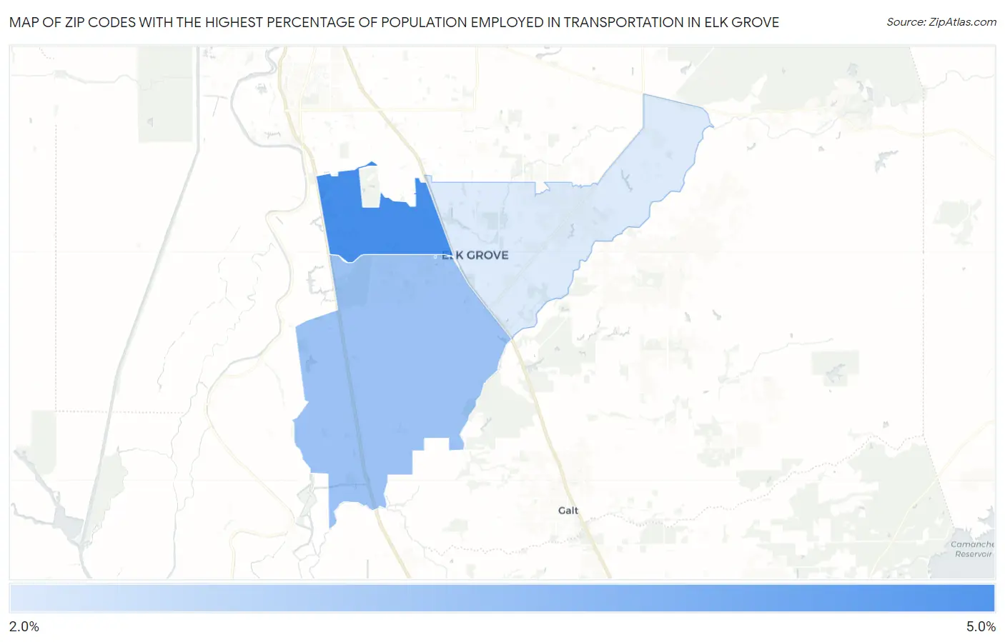 Zip Codes with the Highest Percentage of Population Employed in Transportation in Elk Grove Map