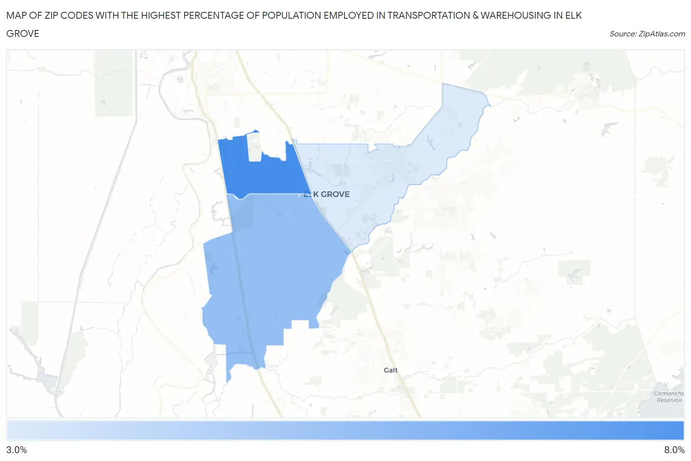 Zip Codes with the Highest Percentage of Population Employed in Transportation & Warehousing in Elk Grove Map