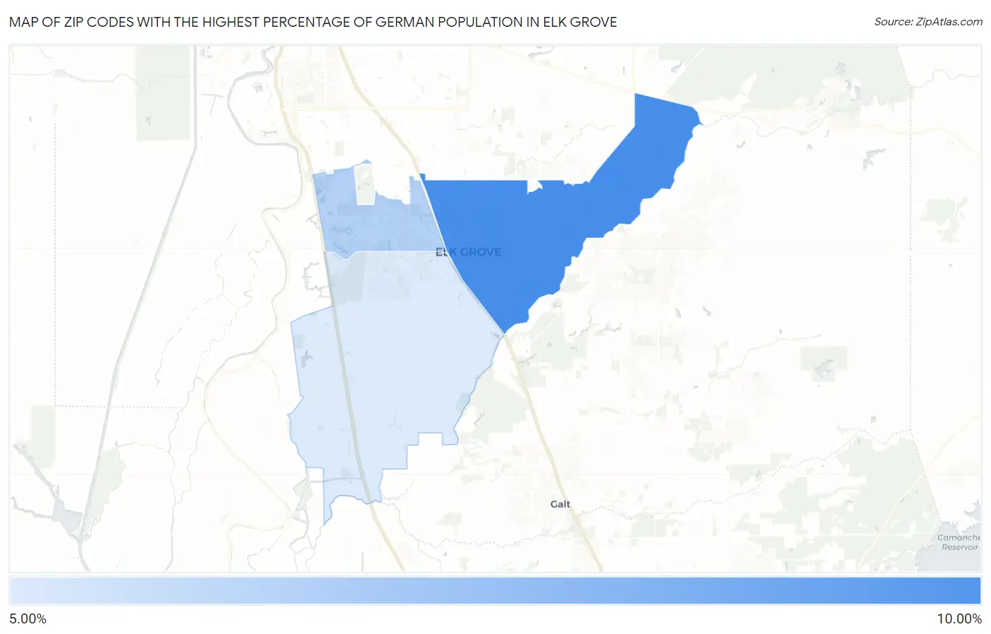 Zip Codes with the Highest Percentage of German Population in Elk Grove Map