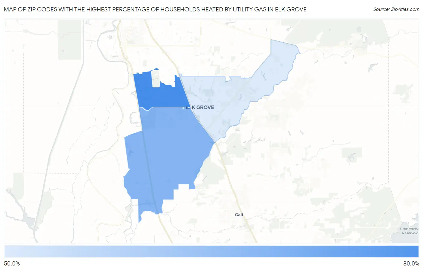 Zip Codes with the Highest Percentage of Households Heated by Utility Gas in Elk Grove Map