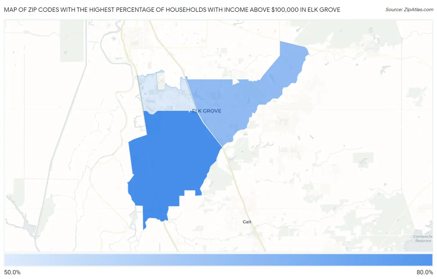 Zip Codes with the Highest Percentage of Households with Income Above $100,000 in Elk Grove Map