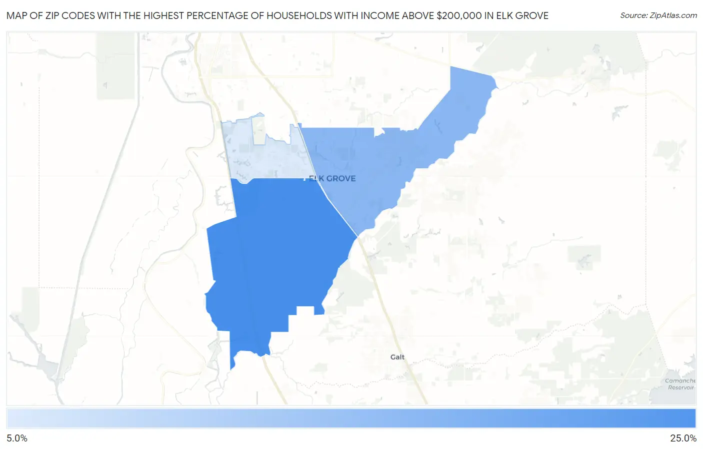 Zip Codes with the Highest Percentage of Households with Income Above $200,000 in Elk Grove Map