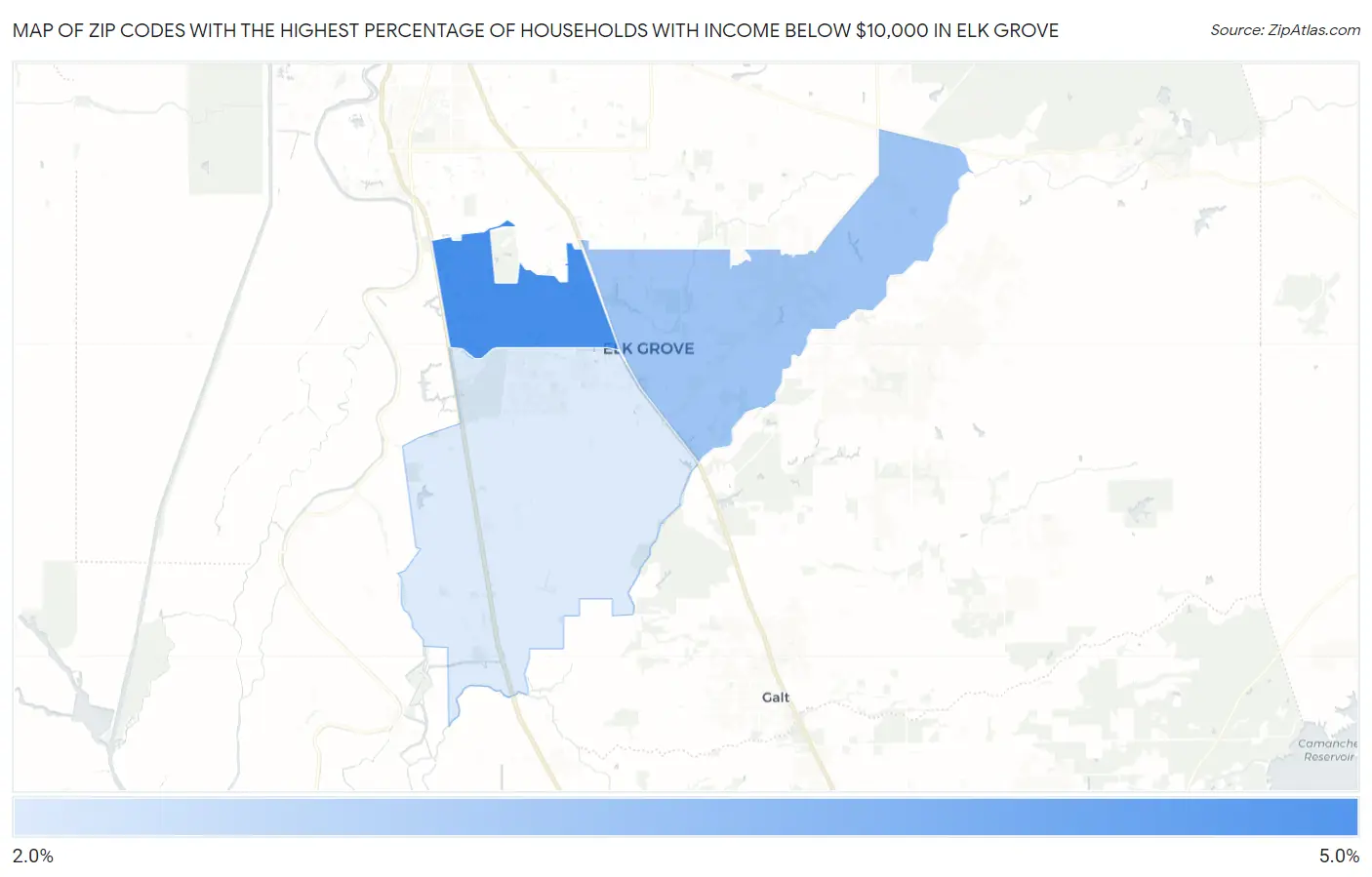 Zip Codes with the Highest Percentage of Households with Income Below $10,000 in Elk Grove Map