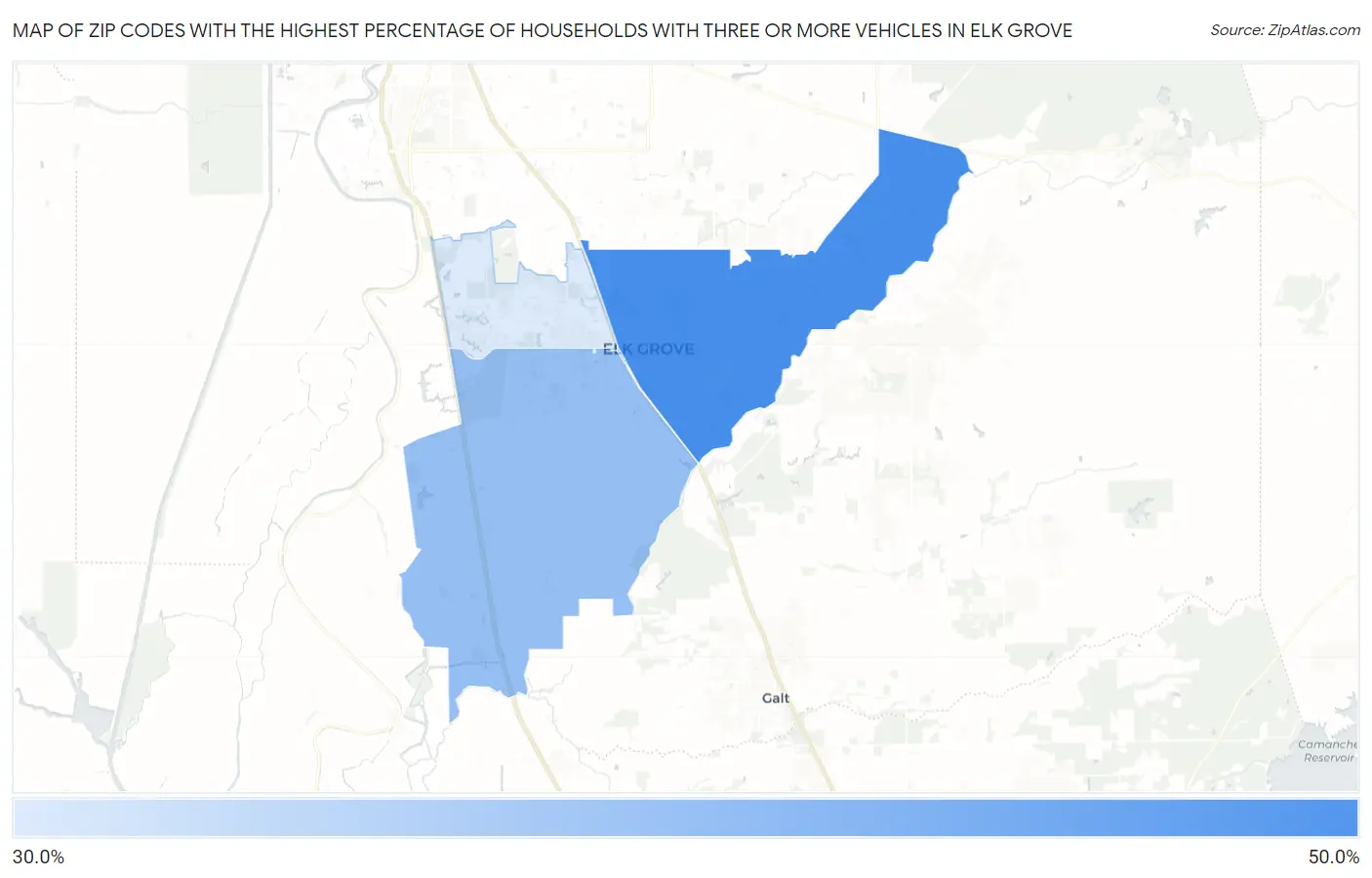 Zip Codes with the Highest Percentage of Households With Three or more Vehicles in Elk Grove Map
