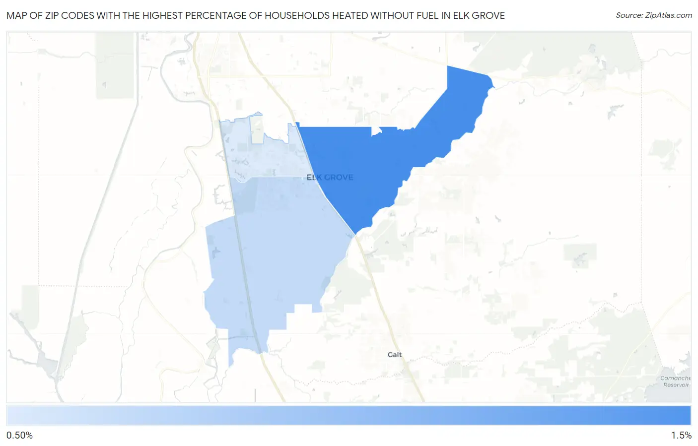 Zip Codes with the Highest Percentage of Households Heated without Fuel in Elk Grove Map