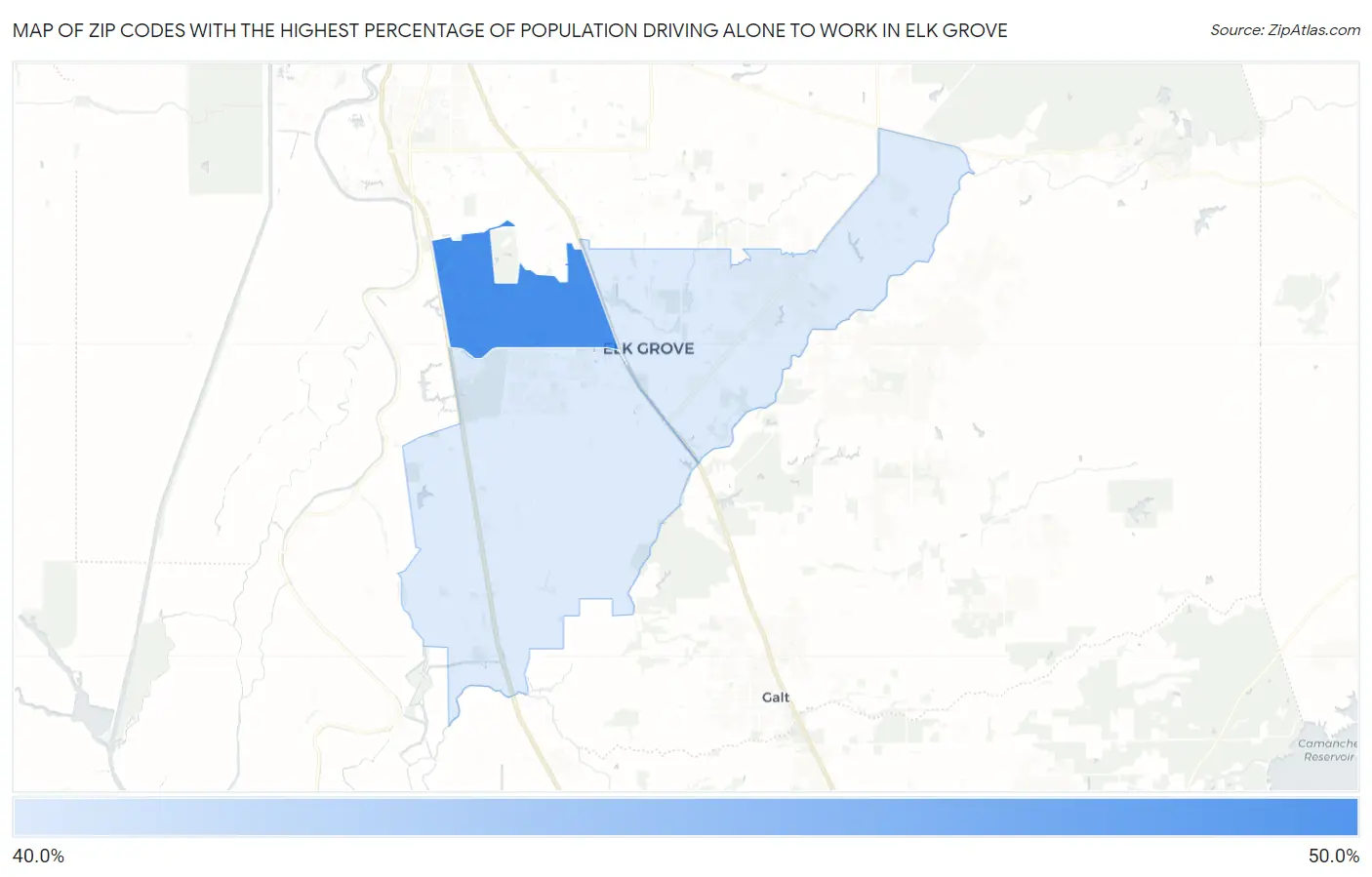 Zip Codes with the Highest Percentage of Population Driving Alone to Work in Elk Grove Map
