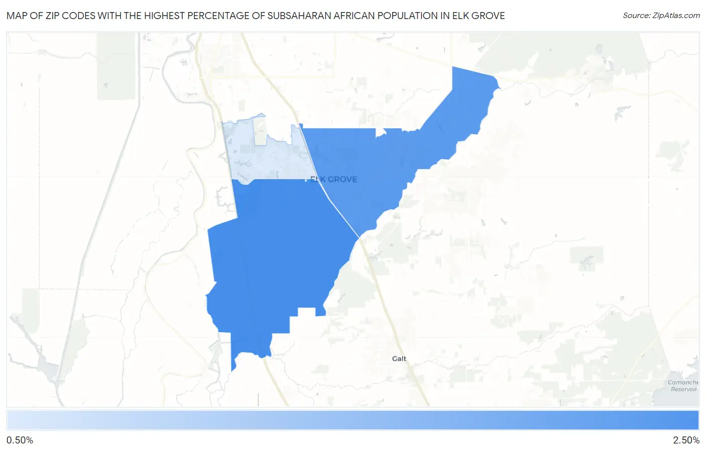 Zip Codes with the Highest Percentage of Subsaharan African Population in Elk Grove Map