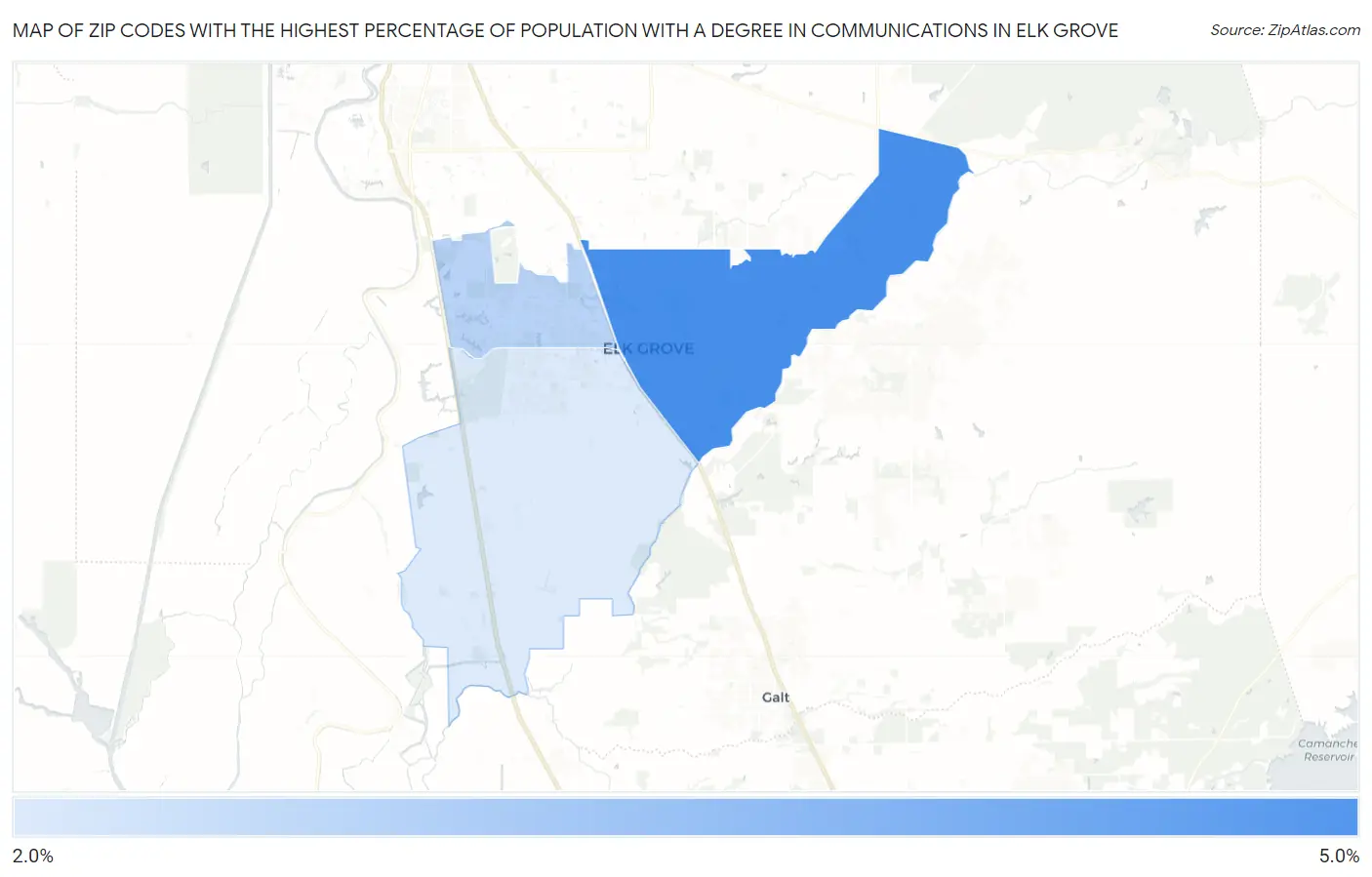 Zip Codes with the Highest Percentage of Population with a Degree in Communications in Elk Grove Map