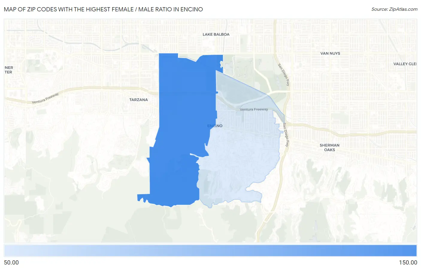 Zip Codes with the Highest Female / Male Ratio in Encino Map