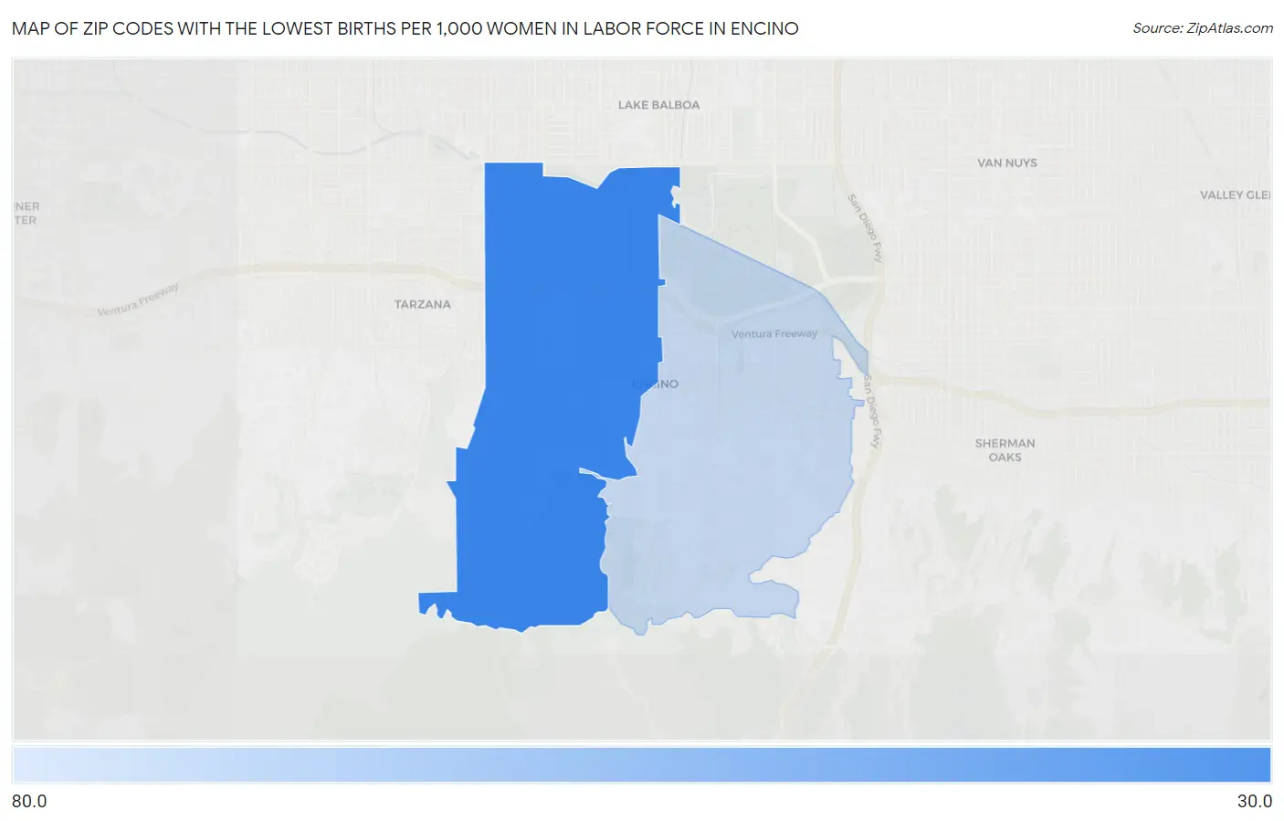 Zip Codes with the Lowest Births per 1,000 Women in Labor Force in Encino Map