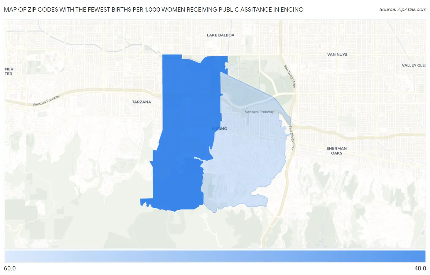 Zip Codes with the Fewest Births per 1,000 Women Receiving Public Assitance in Encino Map