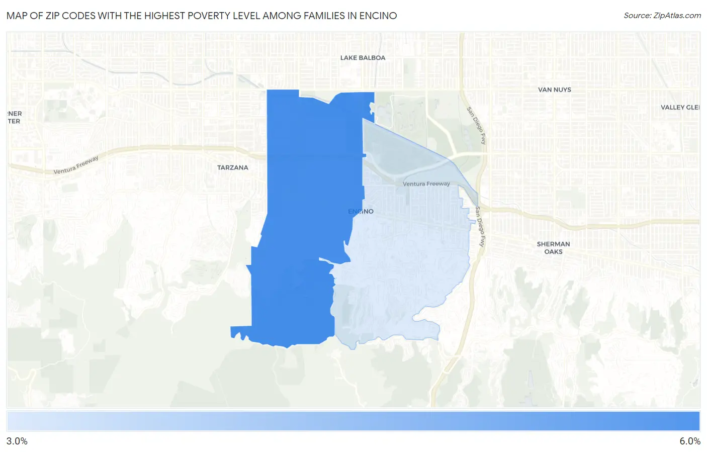 Zip Codes with the Highest Poverty Level Among Families in Encino Map