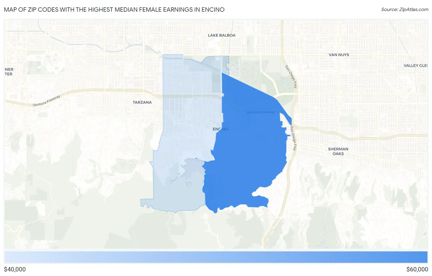 Zip Codes with the Highest Median Female Earnings in Encino Map