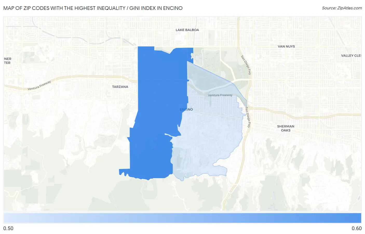 Zip Codes with the Highest Inequality / Gini Index in Encino Map