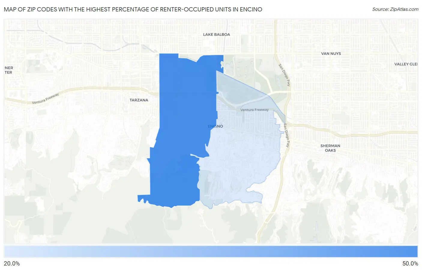 Zip Codes with the Highest Percentage of Renter-Occupied Units in Encino Map