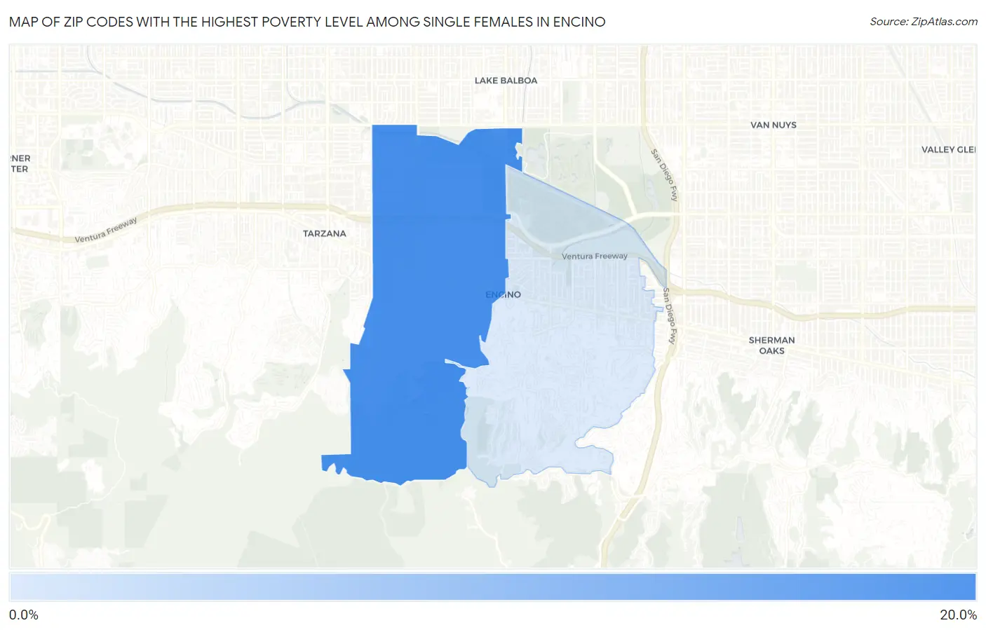Zip Codes with the Highest Poverty Level Among Single Females in Encino Map