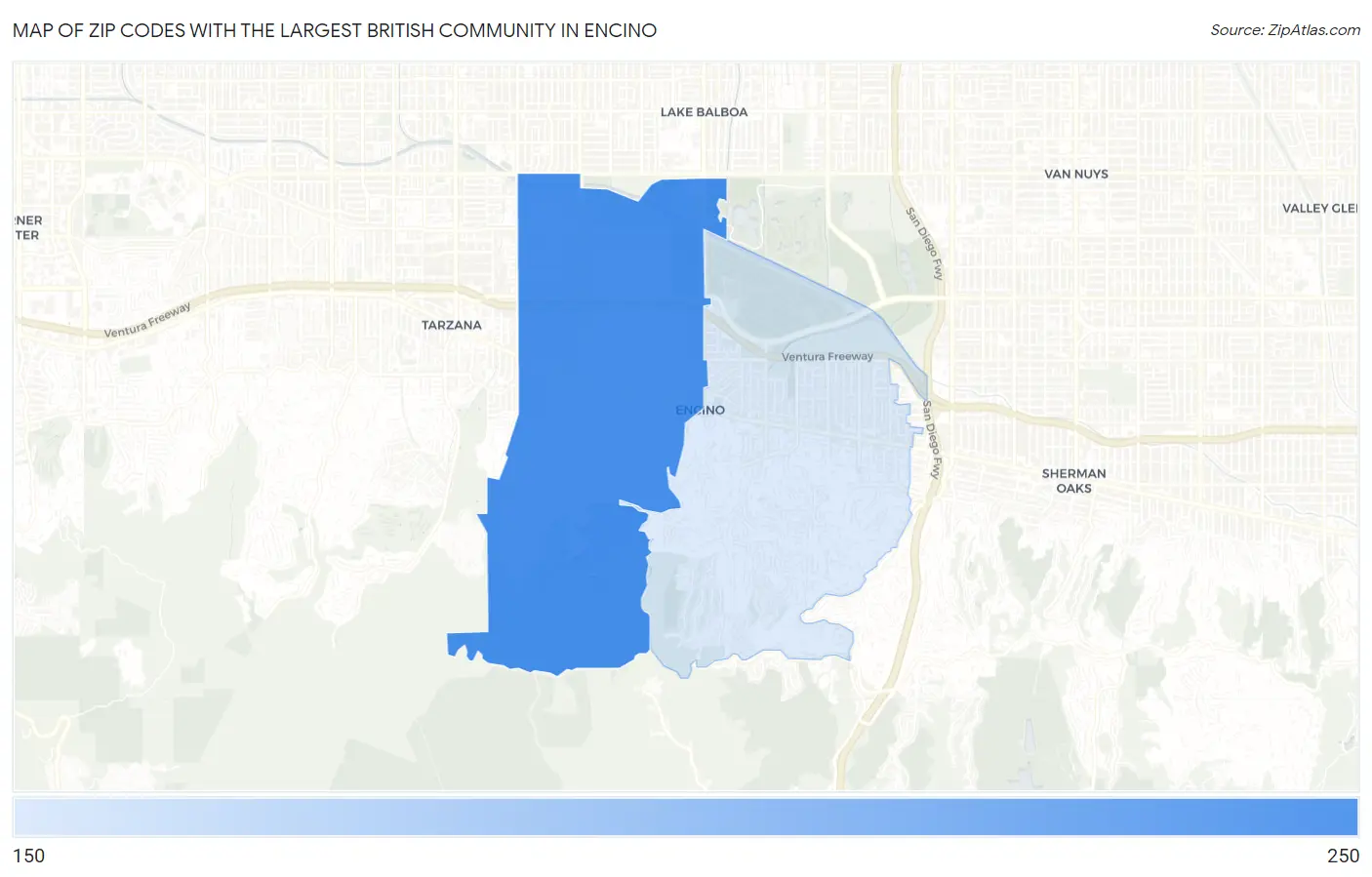 Zip Codes with the Largest British Community in Encino Map