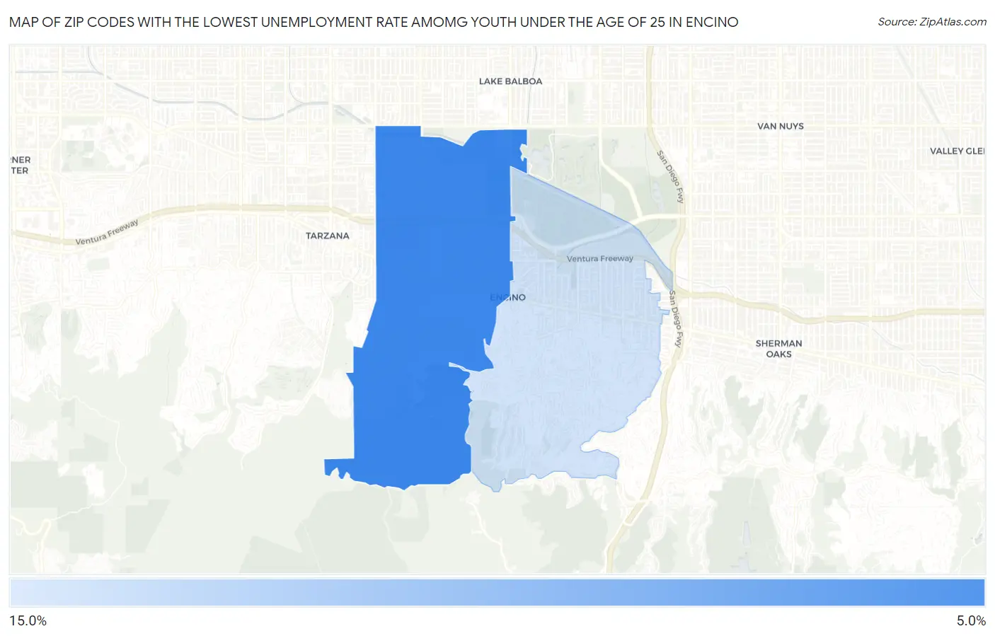 Zip Codes with the Lowest Unemployment Rate Amomg Youth Under the Age of 25 in Encino Map