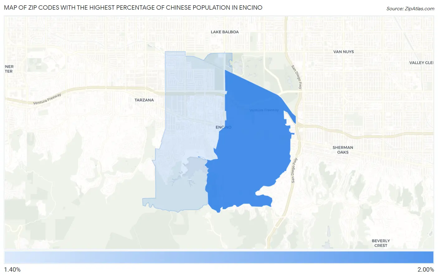 Zip Codes with the Highest Percentage of Chinese Population in Encino Map